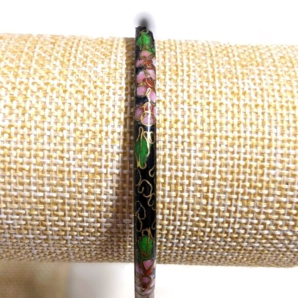 Vintage 1970's Black & Pink Chinese Cloisonne Enamel Floral Bangle Bracelet - Picture 13 of 13